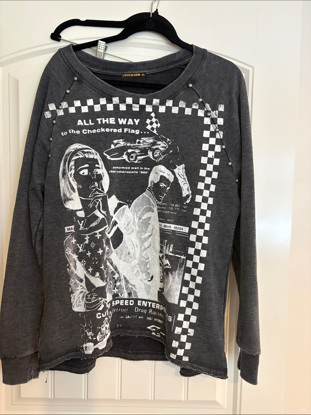 Women’s Gray Graphic Pullover - Checkered Flag Print